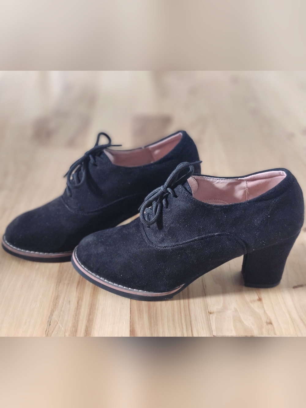 Black Suede Lace-Up Chunky Heel Women's Shoes